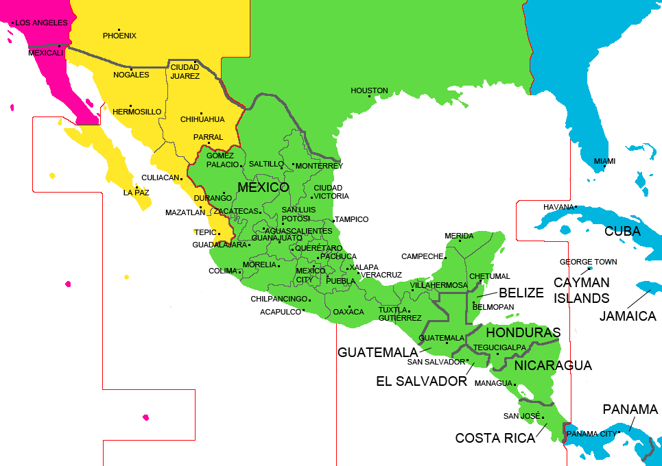 central america time zone map Mexico And Central America Time Zone Map With Cities With central america time zone map