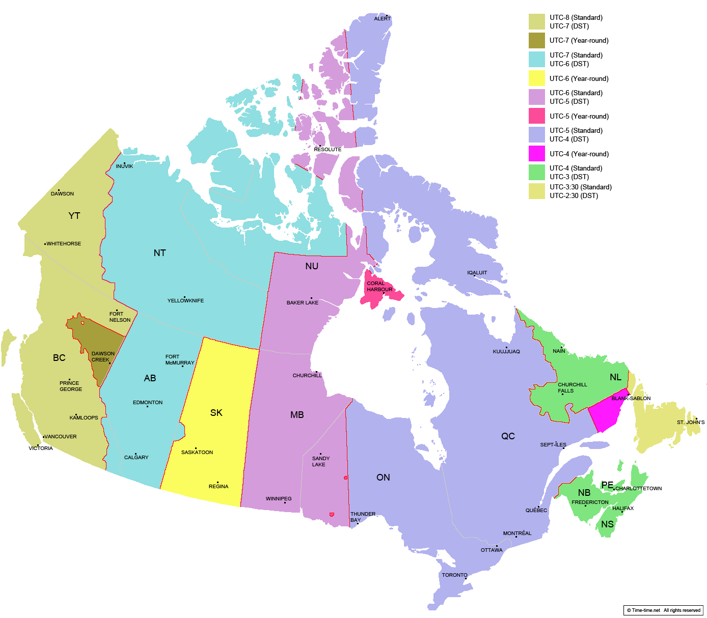 Canada Time Zone Map With Provinces With Cities With Clock