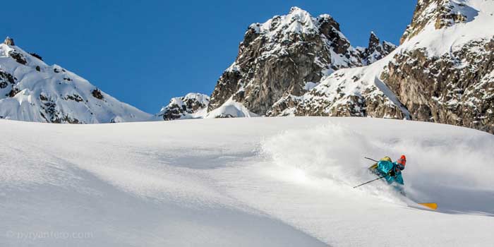 Niko Pettersson and Marker ski bindings in powder snow, Chamonix, Mont Blanc, France, © Pyry Antero Photography