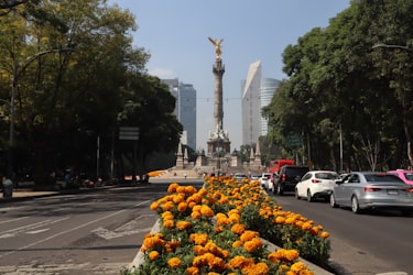 The golden Angel of Independence on Paseo de la Reforma, with orange flowers in front