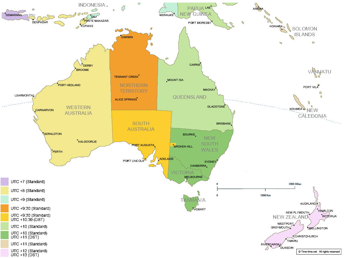 Time zone map of Australia and New Zealand with surrounding reference cities
