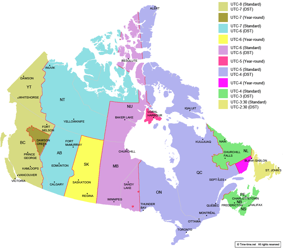 Canada time now - Vancouver time now - Calgary time now - Winnipeg time now  - Toronto time now - Montreal time now. Canada Time Zone Map - with  provinces - with